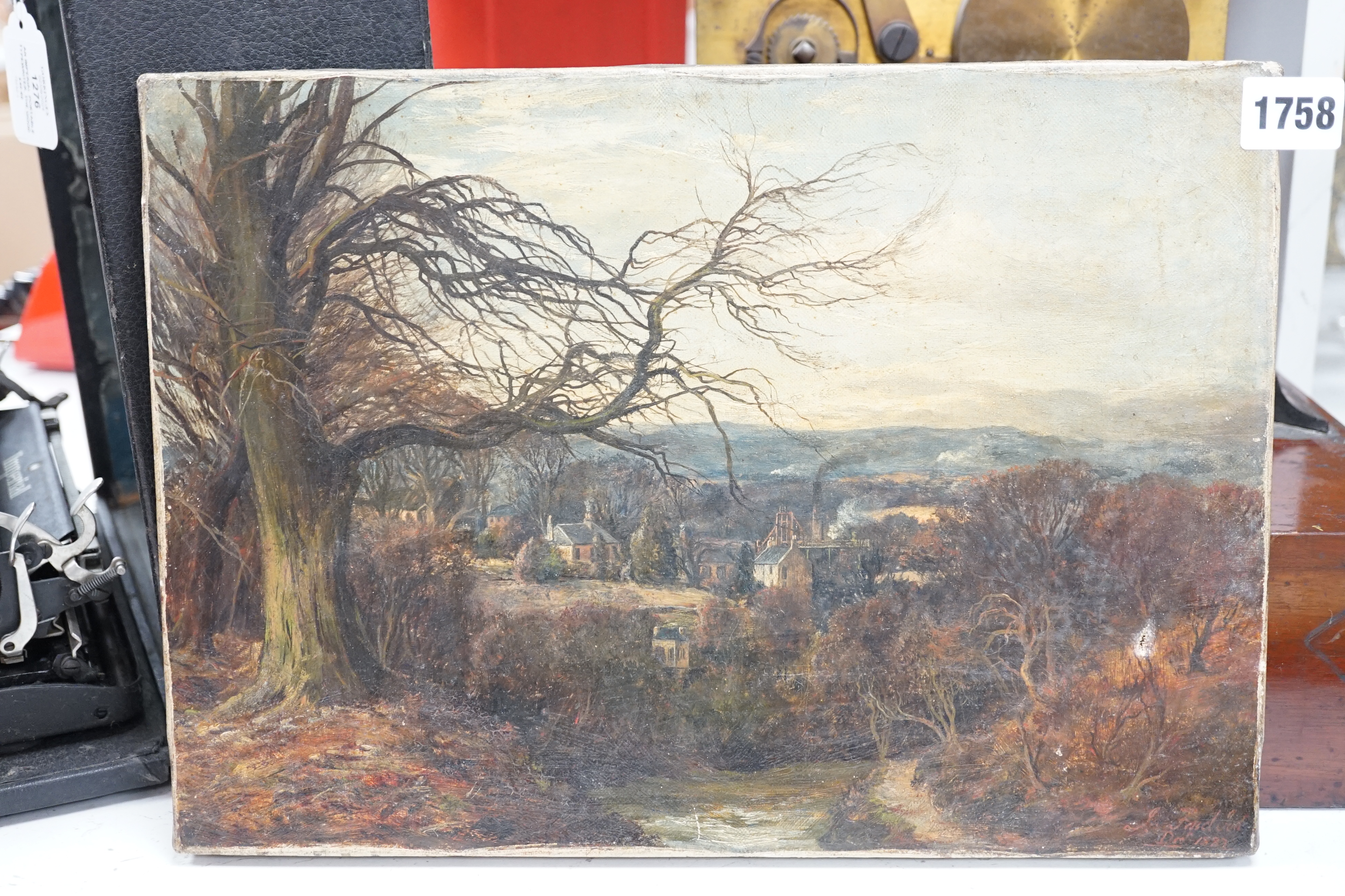 19th century, English school, oil on canvas, View of a town, indistinctly signed and dated 1887, together with a small watercolour, River landscape, indistinctly signed James ...?, largest 25 x 36cm. Condition - poor to